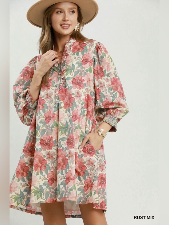 Umgee Dresses & Skirts - Umgee Mix Floral Print Smocked Cuff Mini Dress